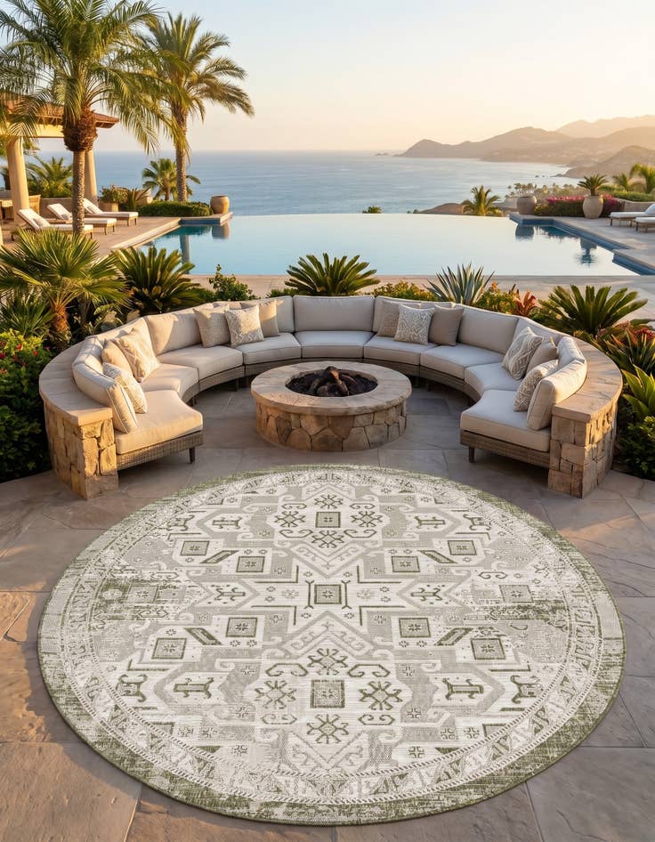 Detail image of 7' 10 x 7' 10 Easy-Clean Aztec Indoor / Outdoor Round Rug