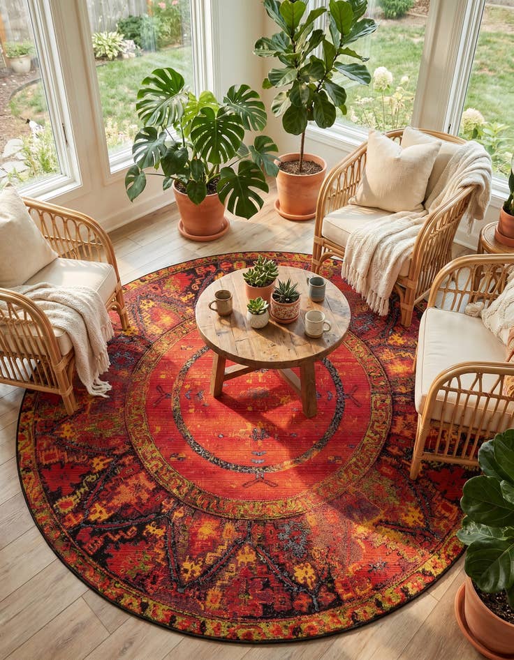 Detail image of 7' 10 x 7' 10 Easy-Clean Tribal Indoor / Outdoor Round Rug