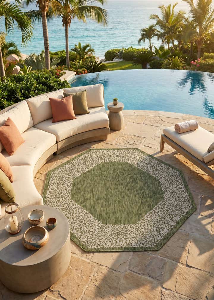 5' 3 x 5' 3 Easy-Clean Border Indoor / Outdoor Octagon Rug