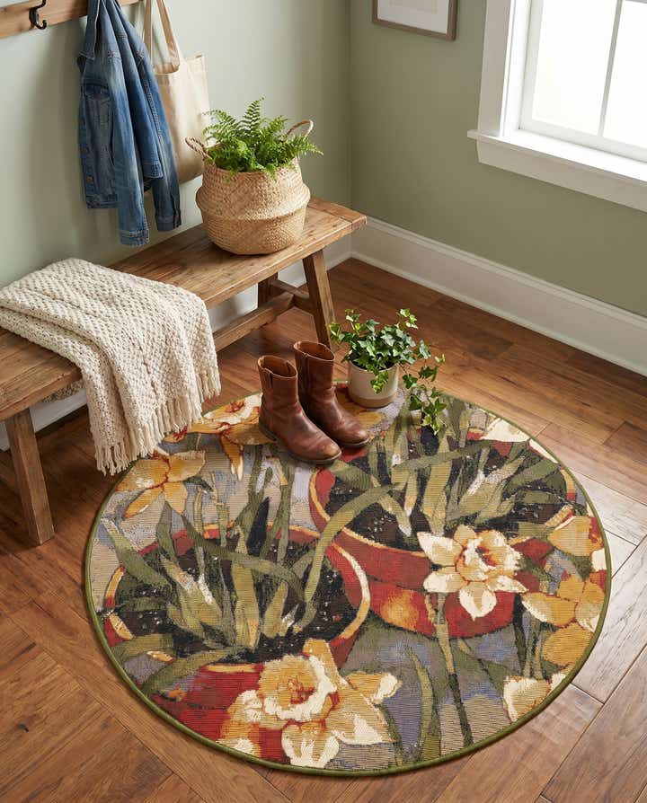 3' x 3' Easy-Clean Botanical Indoor / Outdoor Round Rug