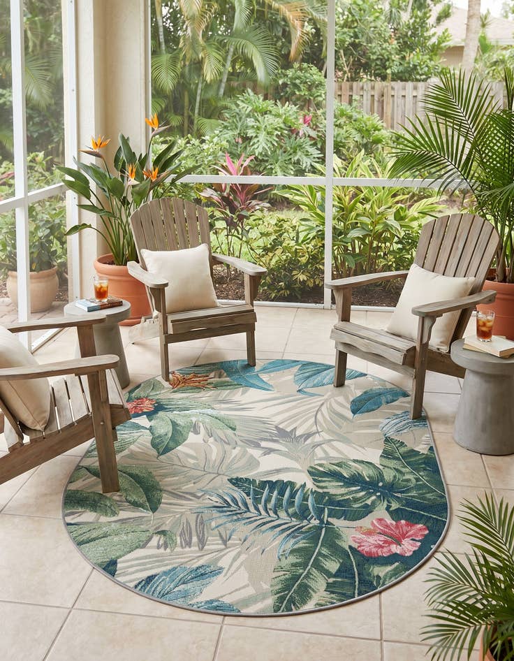 Detail image of 4' x 6' Easy-Clean Botanical Indoor / Outdoor Oval Rug