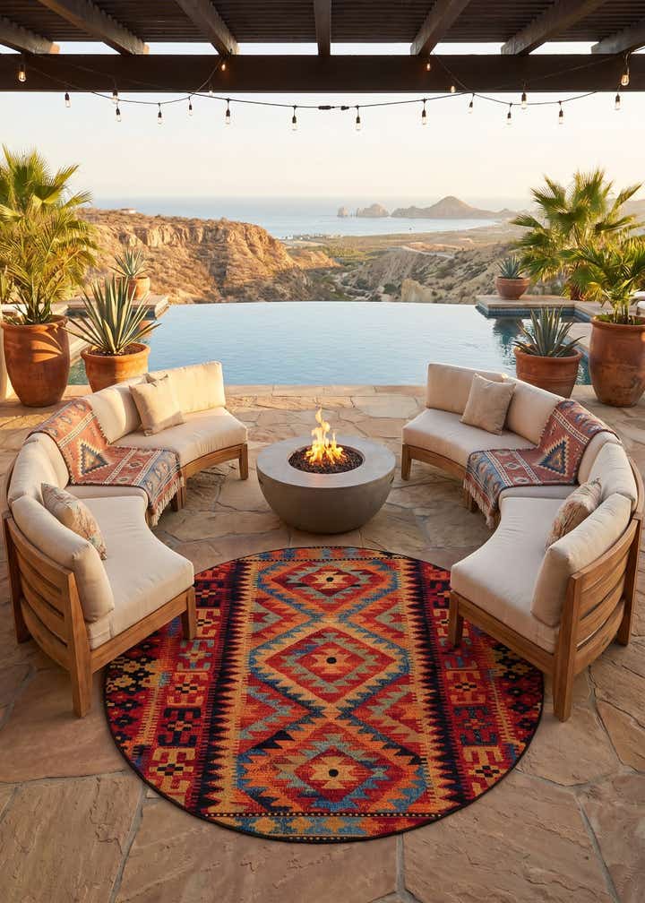 7' x 7' Easy-Clean Tribal Indoor / Outdoor Round Rug