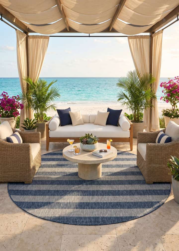 7' 10 x 7' 10 Easy-Clean Striped Indoor / Outdoor Round Rug