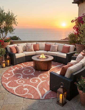 Rust Red Easy-Clean Botanical Indoor / Outdoor Round Rug