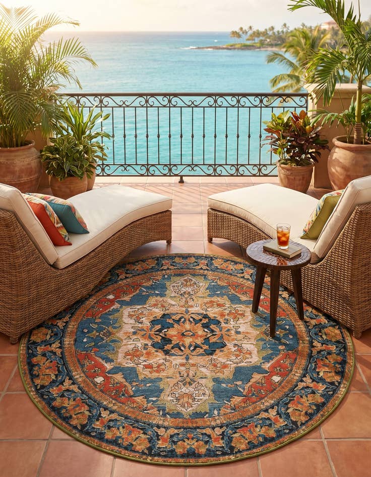 Detail image of 5' x 5' Easy-Clean Traditional Indoor / Outdoor Round Rug