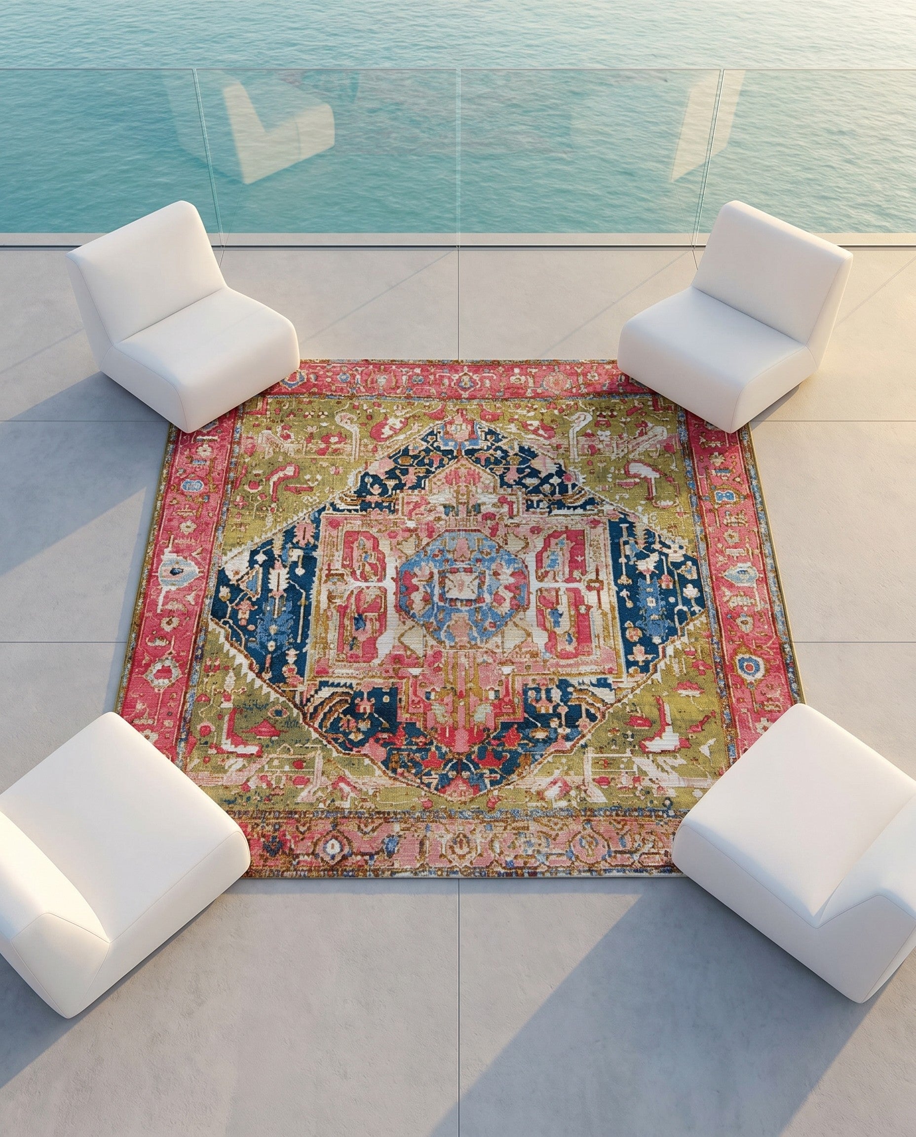 6' x 6' Easy-Clean Traditional Indoor / Outdoor Square Rug
