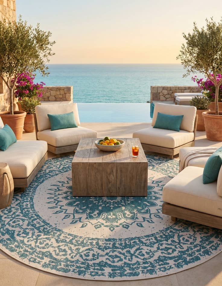 Detail image of 13' x 13' Easy-Clean Traditional Indoor / Outdoor Round Rug