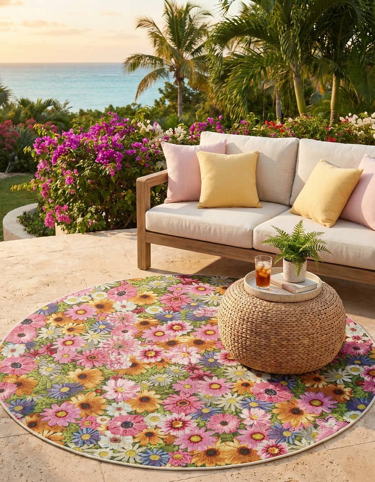 Detail image of 5' x 5' Easy-Clean Botanical Indoor / Outdoor Round Rug