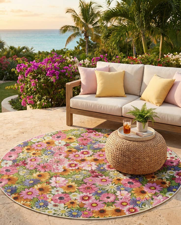 Detail image of 5' x 5' Easy-Clean Botanical Indoor / Outdoor Round Rug