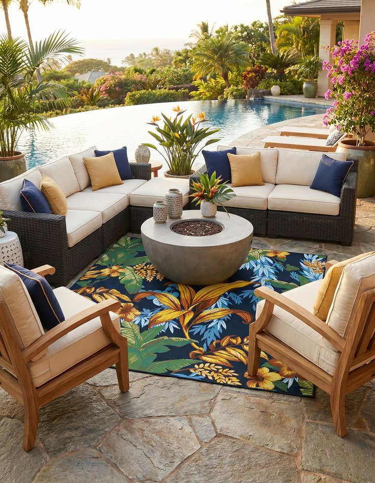 Detail image of 7' 10 x 7' 10 Easy-Clean Botanical Indoor / Outdoor Square Rug
