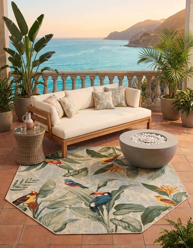 Detail image of 7' x 7' Easy-Clean Botanical Indoor / Outdoor Octagon Rug