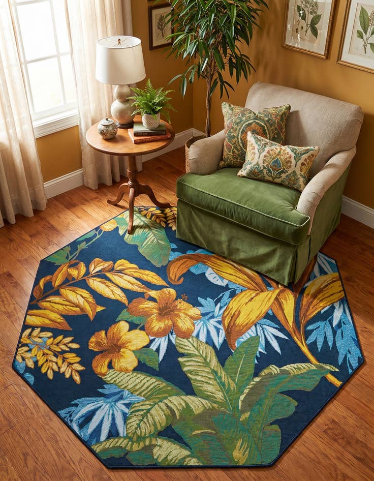 Detail image of 5' 3 x 5' 3 Easy-Clean Botanical Indoor / Outdoor Octagon Rug