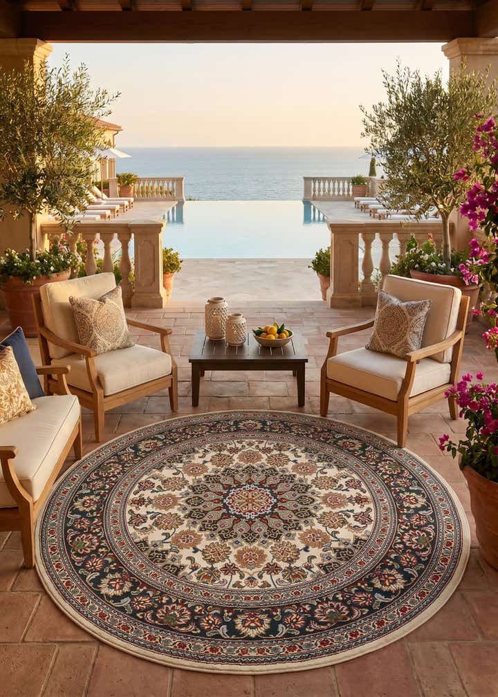 6' 1 x 6' 1 Easy-Clean Traditional Indoor / Outdoor Round Rug