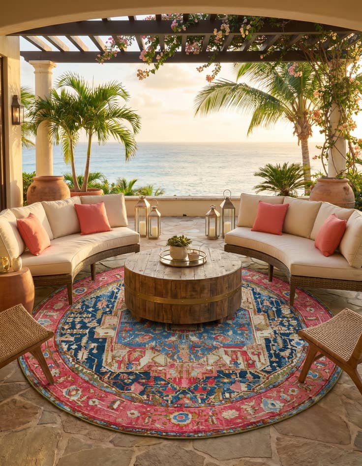 Detail image of 7' x 7' Easy-Clean Traditional Indoor / Outdoor Round Rug