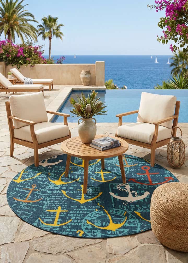 7' 10 x 7' 10 Easy-Clean Coastal Indoor / Outdoor Round Rug