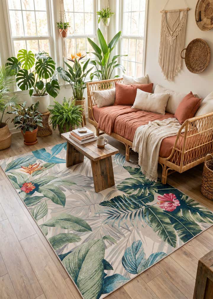 5' 3 x 8' Easy-Clean Botanical Indoor / Outdoor Rug