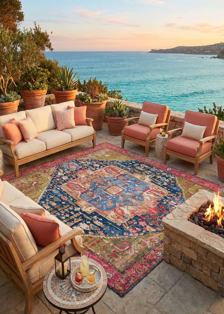 7' 10 x 7' 10 Easy-Clean Traditional Indoor / Outdoor Square Rug