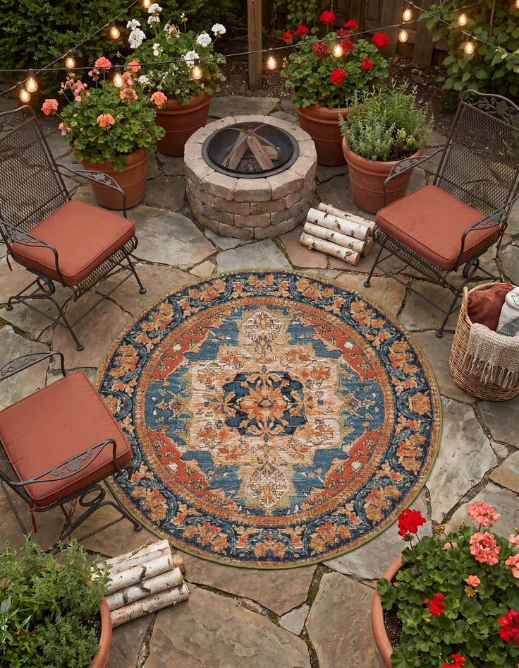 Detail image of 4' x 4' Easy-Clean Traditional Indoor / Outdoor Round Rug
