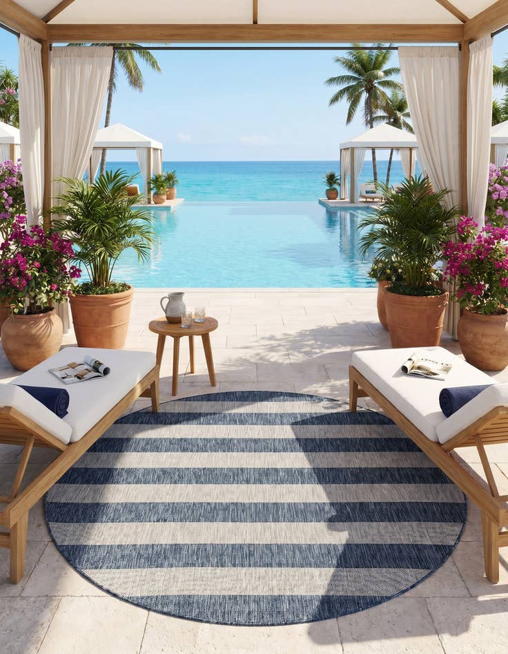 Detail image of 7' 10 x 7' 10 Easy-Clean Striped Indoor / Outdoor Round Rug