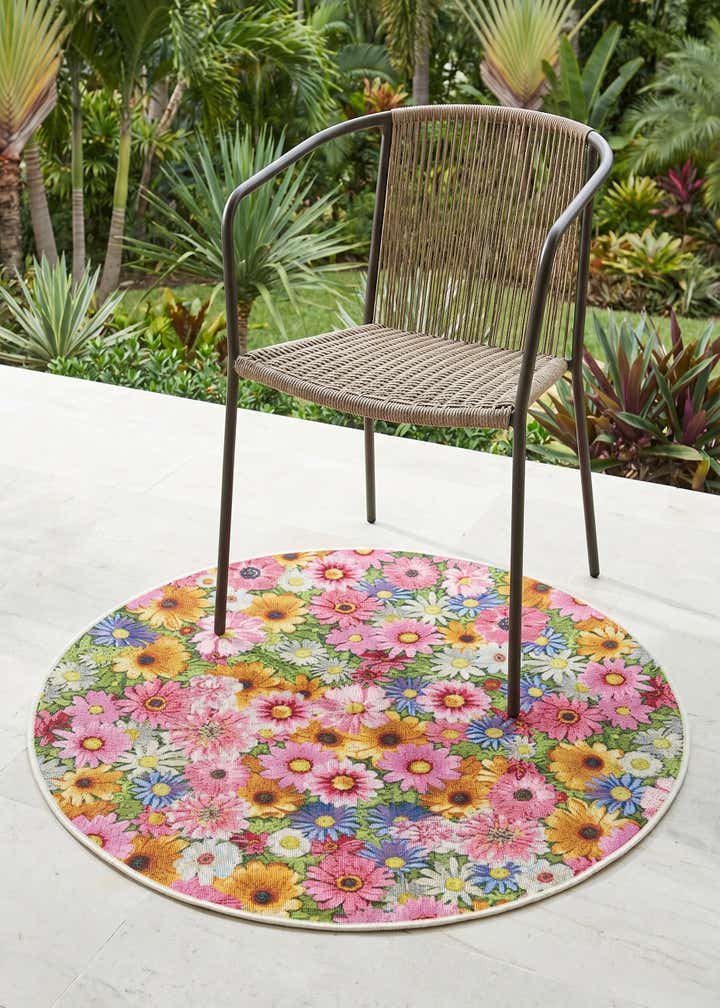 4' x 4' Easy-Clean Botanical Indoor / Outdoor Round Rug