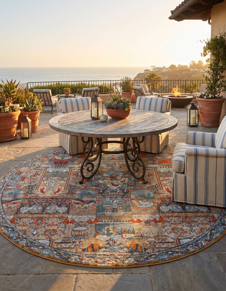 Detail image of 10' x 10' Easy-Clean Traditional Indoor / Outdoor Round Rug