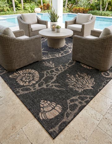 Black Easy-Clean Coastal Indoor / Outdoor Square Rug