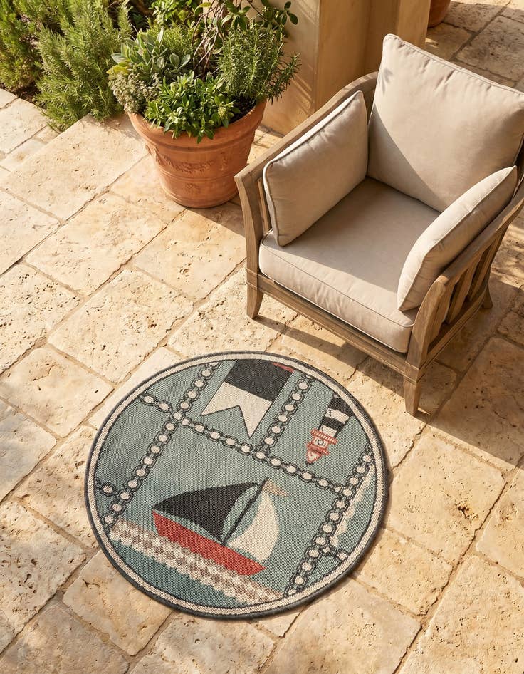 Detail image of 3' x 3' Easy-Clean Coastal Indoor / Outdoor Round Rug