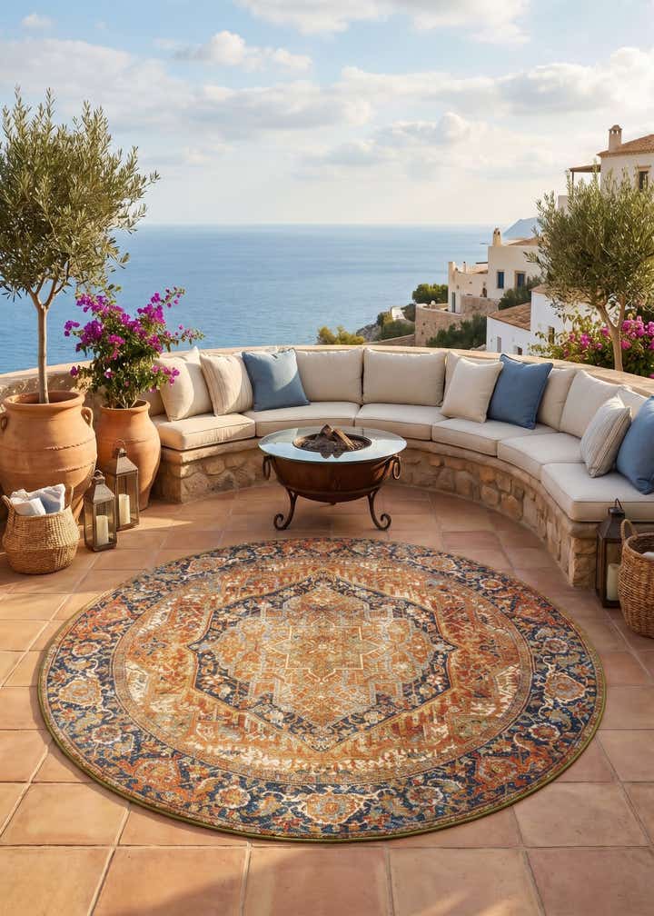7' 10 x 7' 10 Easy-Clean Traditional Indoor / Outdoor Round Rug