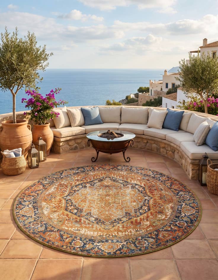 Detail image of 7' 10 x 7' 10 Easy-Clean Traditional Indoor / Outdoor Round Rug