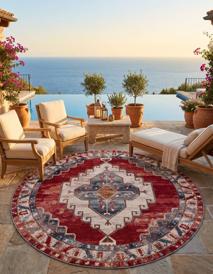 Detail image of 7' 10 x 7' 10 Easy-Clean Traditional Indoor / Outdoor Round Rug