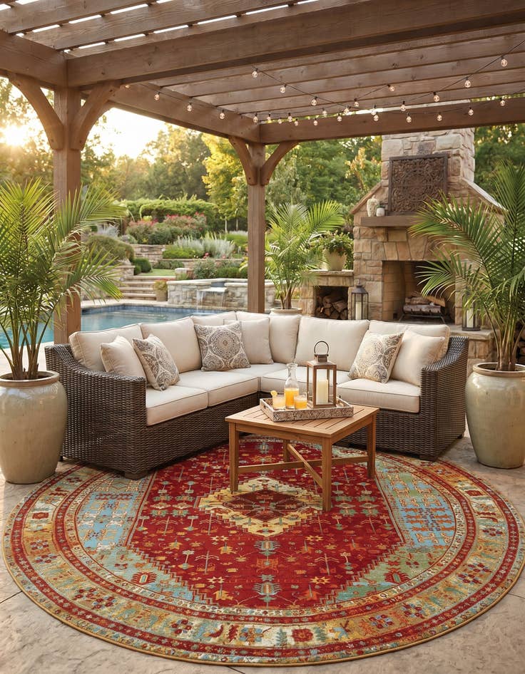 Detail image of 10' x 10' Easy-Clean Traditional Indoor / Outdoor Round Rug