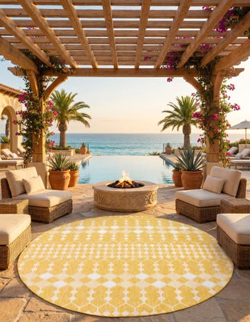 Yellow Easy-Clean Lattice Indoor / Outdoor Round Rug