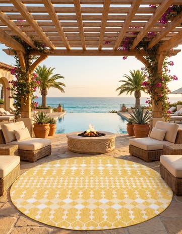 Yellow Easy-Clean Lattice Indoor / Outdoor Round Rug