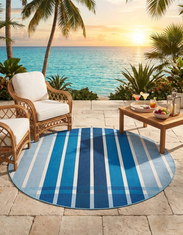 Detail image of 6' x 6' Easy-Clean Striped Indoor / Outdoor Round Rug