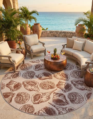 Ivory Rust Red Easy-Clean Coastal Indoor / Outdoor Round Rug