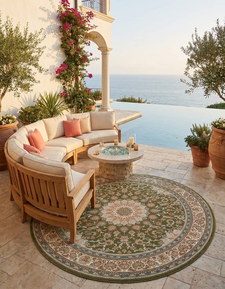 Detail image of 7' 10 x 7' 10 Easy-Clean Traditional Indoor / Outdoor Round Rug