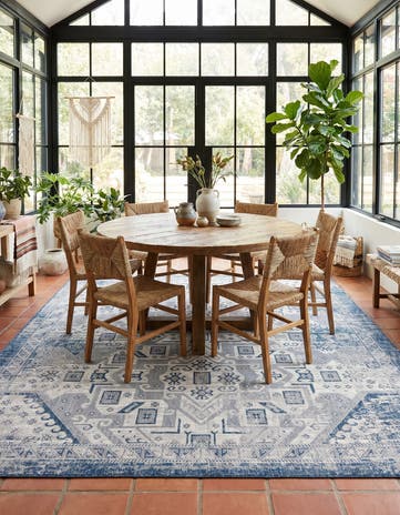 Blue Easy-Clean Aztec Indoor / Outdoor Square Rug