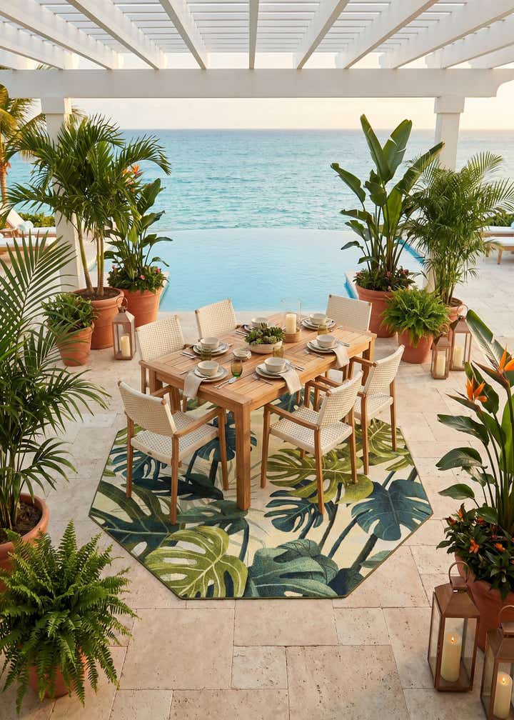 7' x 7' Easy-Clean Botanical Indoor / Outdoor Octagon Rug