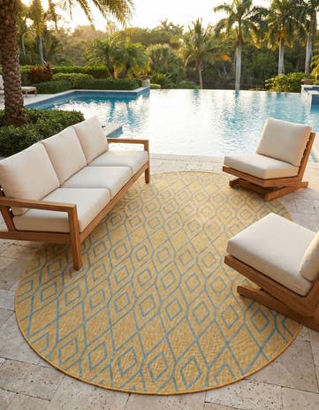 Yellow and Aqua Easy-Clean Jill Zarin Turks and Caicos Indoor / Outdoor Oval Rug