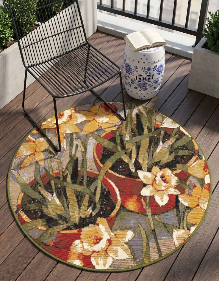 Detail image of 3' x 3' Easy-Clean Botanical Indoor / Outdoor Round Rug