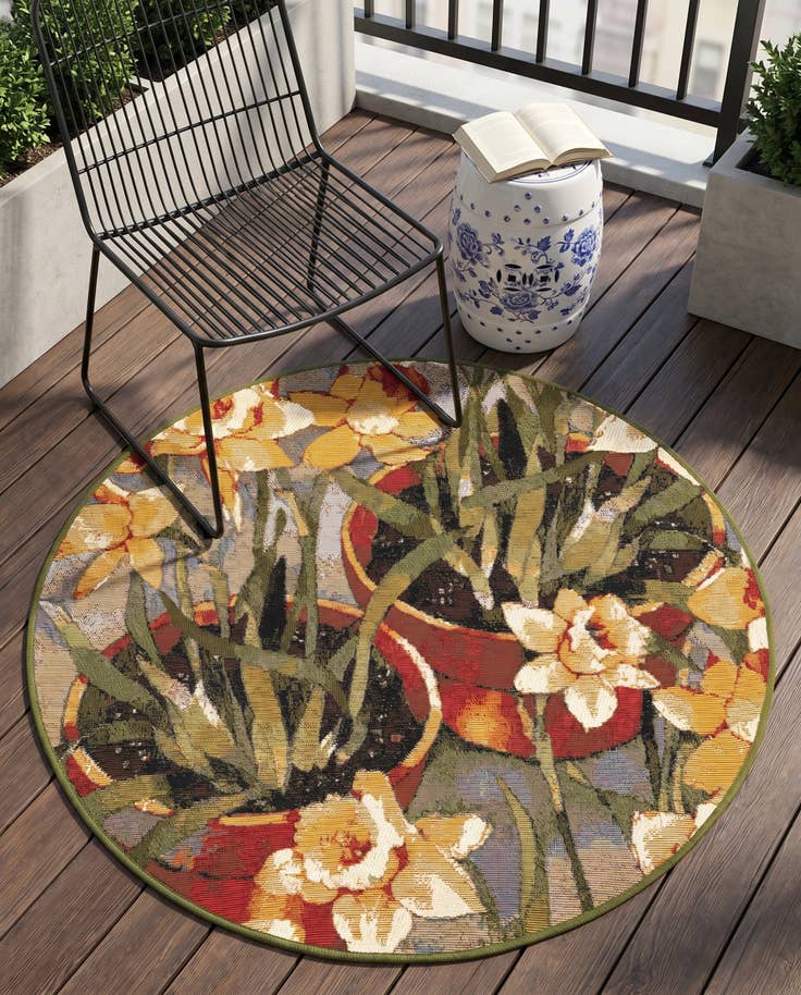 Detail image of 3' x 3' Easy-Clean Botanical Indoor / Outdoor Round Rug
