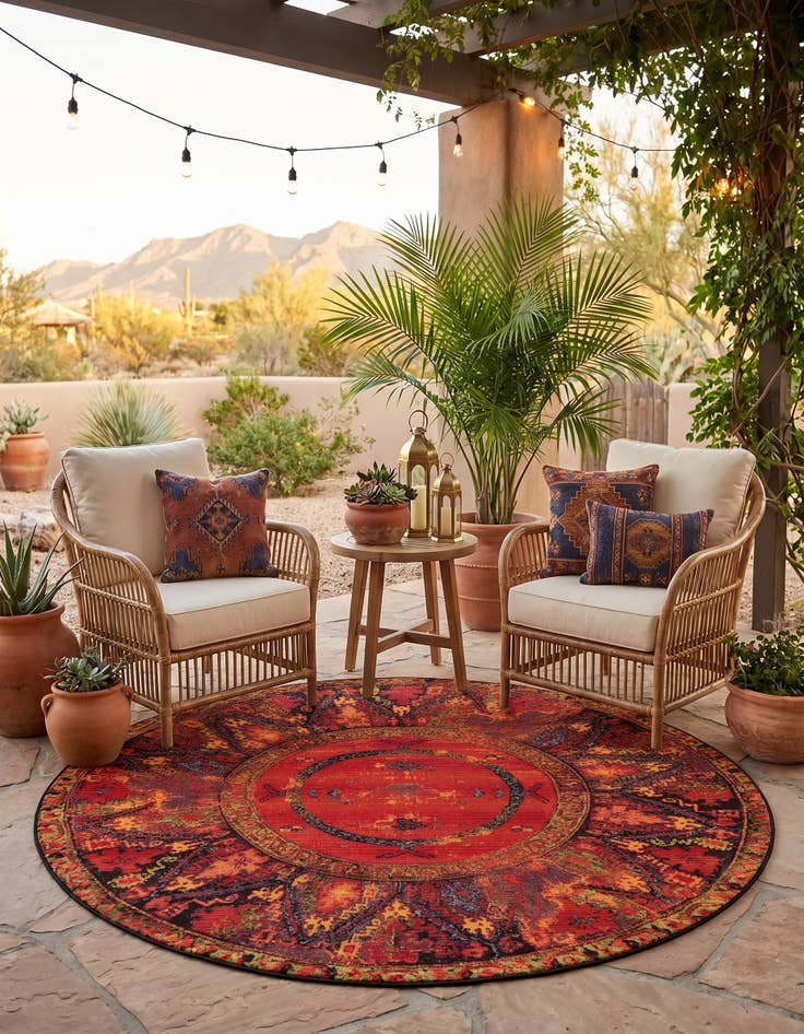 Detail image of 6' x 6' Easy-Clean Tribal Indoor / Outdoor Round Rug