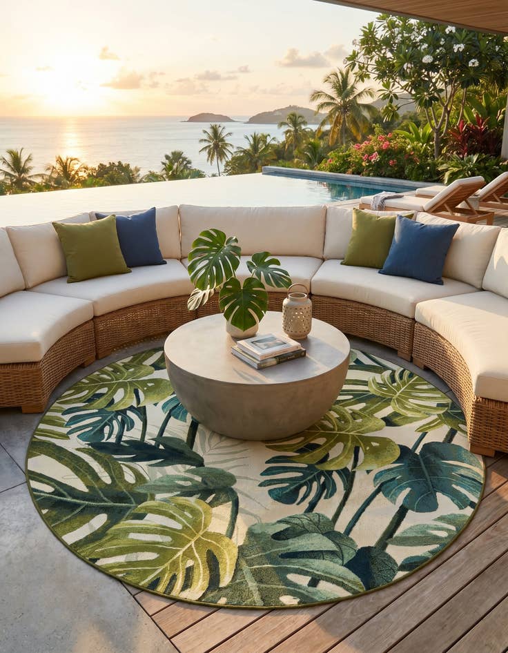 Detail image of 7' 10 x 7' 10 Easy-Clean Botanical Indoor / Outdoor Round Rug