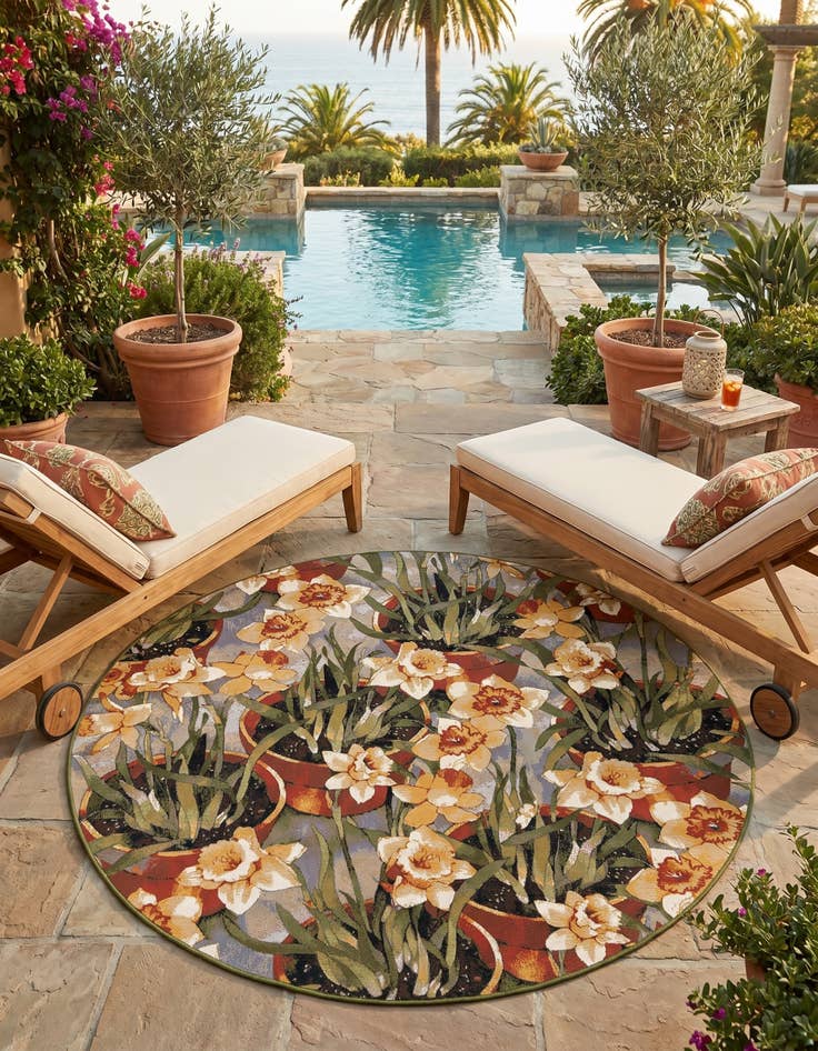 Detail image of 7' 10 x 7' 10 Easy-Clean Botanical Indoor / Outdoor Round Rug