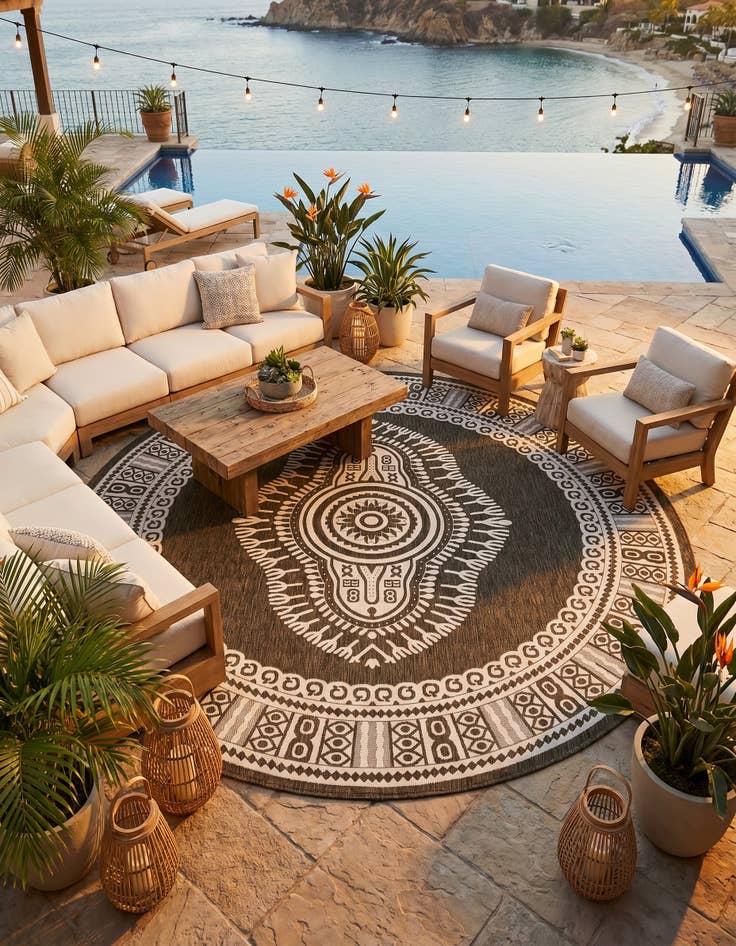 Detail image of 13' x 13' Easy-Clean Traditional Indoor / Outdoor Round Rug