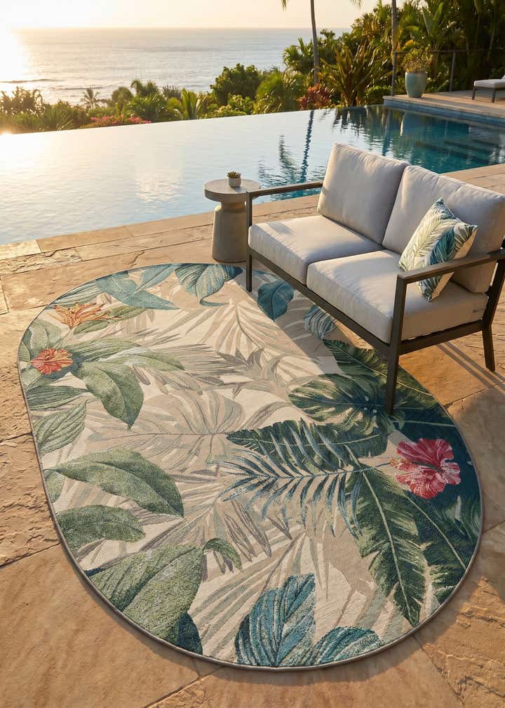 5' 3 x 8' Easy-Clean Botanical Indoor / Outdoor Oval Rug