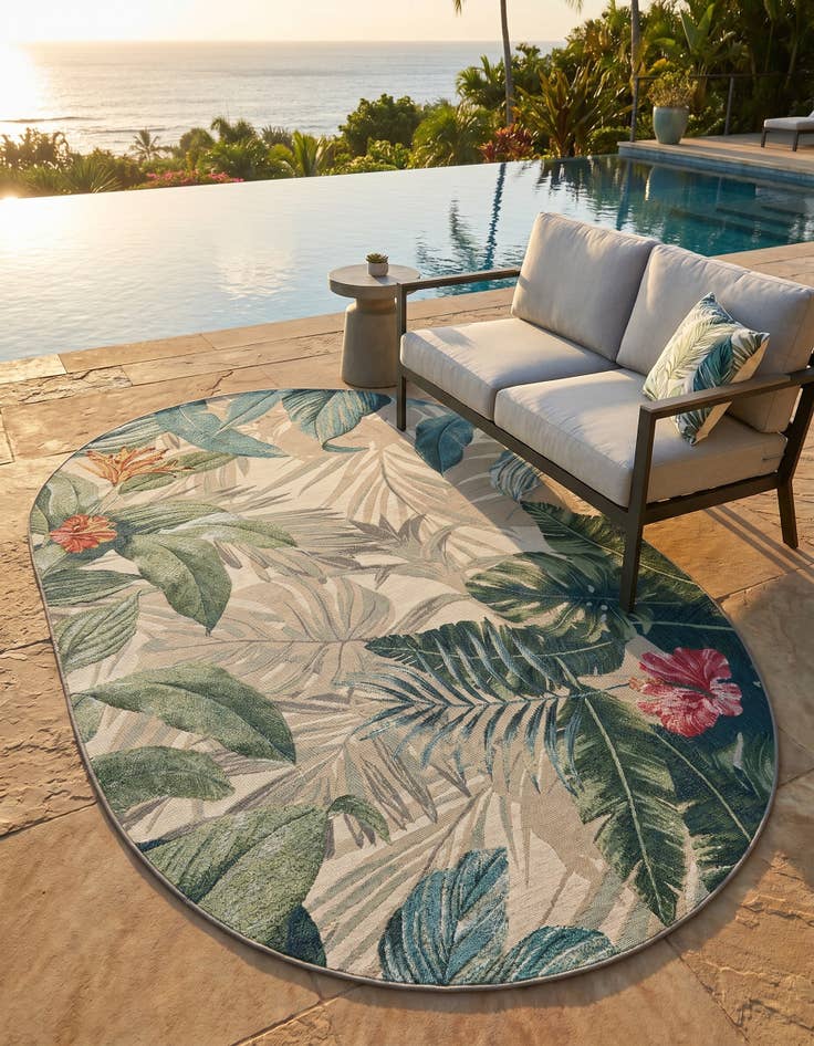 Detail image of 5' 3 x 8' Easy-Clean Botanical Indoor / Outdoor Oval Rug