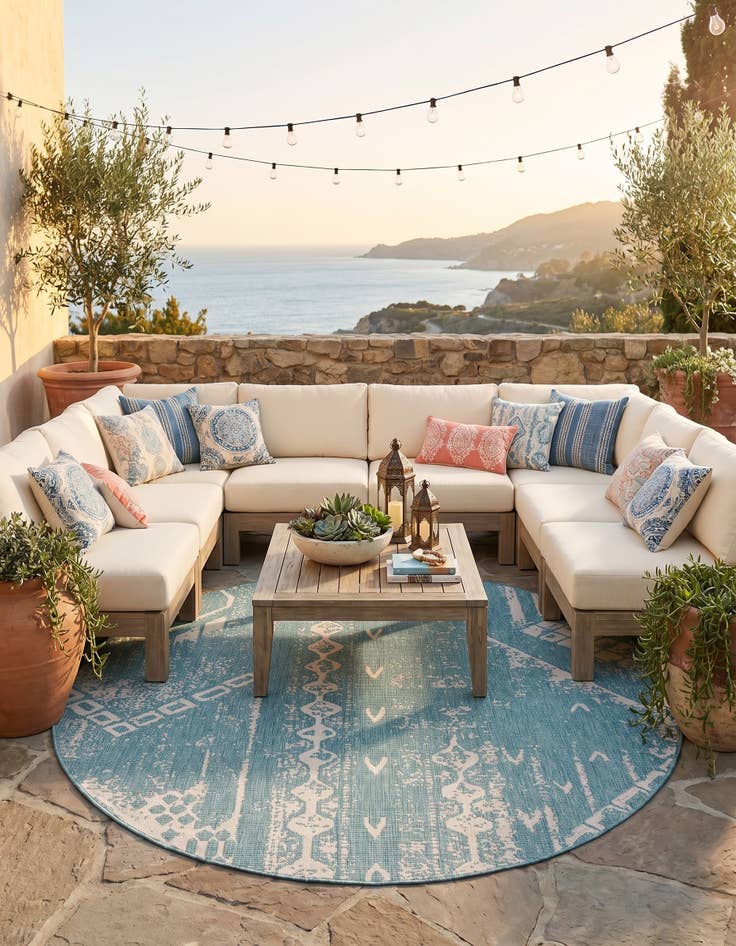 Detail image of 7' 10 x 7' 10 Easy-Clean Bohemian Indoor / Outdoor Round Rug