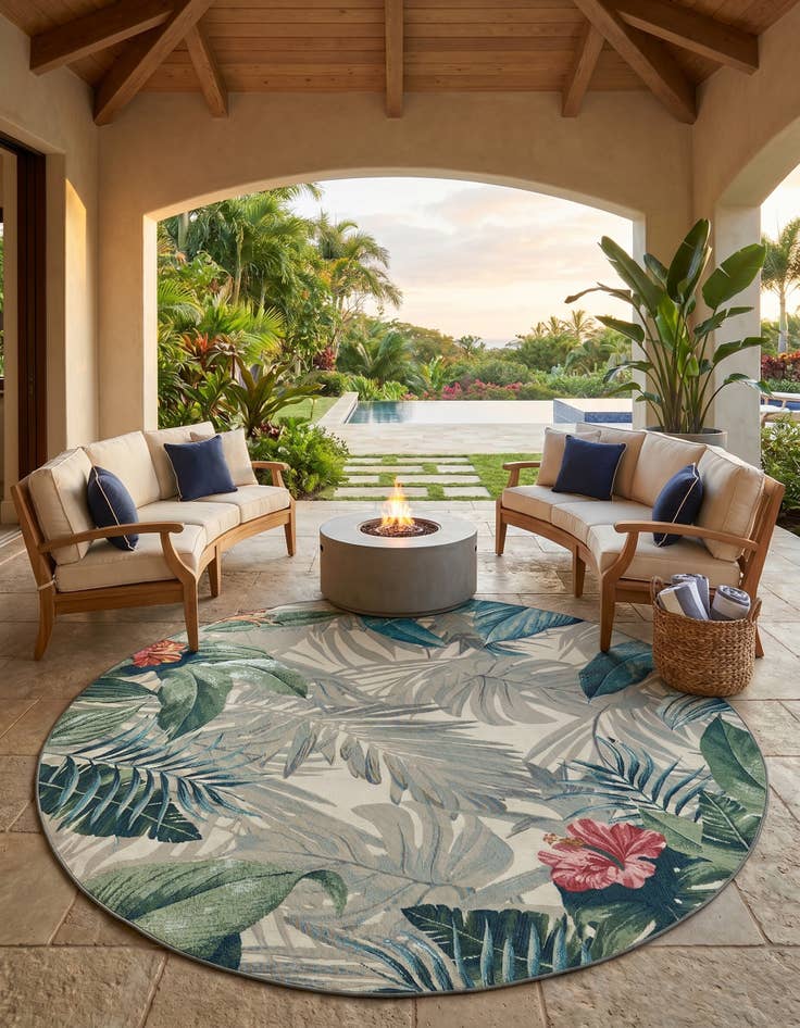 Detail image of 7' 10 x 7' 10 Easy-Clean Botanical Indoor / Outdoor Round Rug