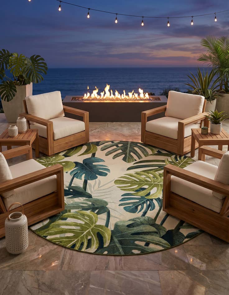 Detail image of 7' 10 x 7' 10 Easy-Clean Botanical Indoor / Outdoor Round Rug